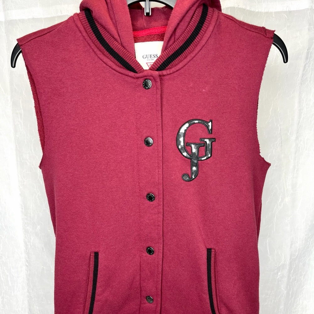 Guess Y2K Western Varsity Burgundy Bomber Vest Sleeveless Cow Print Women Sz M